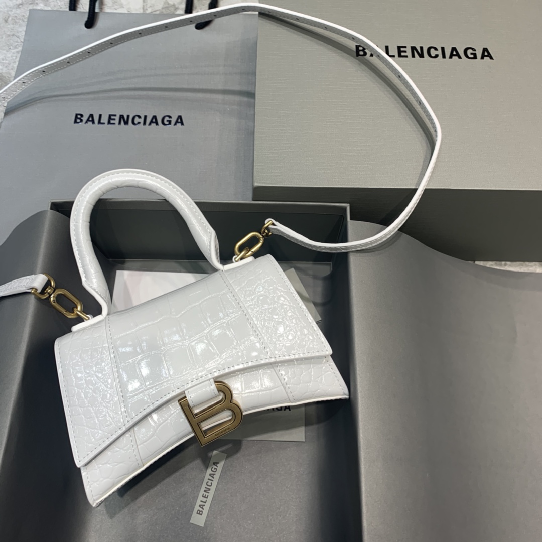 Balenciaga Hourglass 19cm Chain Bag in Shiny Crocodile Embossed Leather White With Gold LOGO