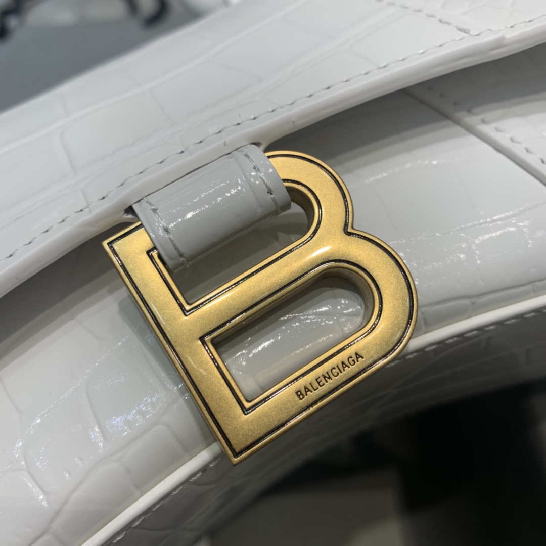 Balenciaga Hourglass 19cm Chain Bag in Shiny Crocodile Embossed Leather White With Gold LOGO