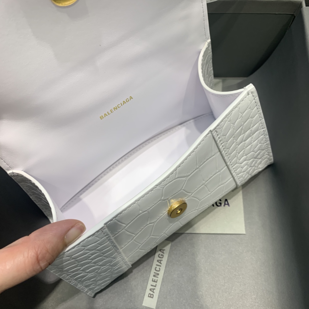 Balenciaga Hourglass 19cm Chain Bag in Shiny Crocodile Embossed Leather White With Gold LOGO