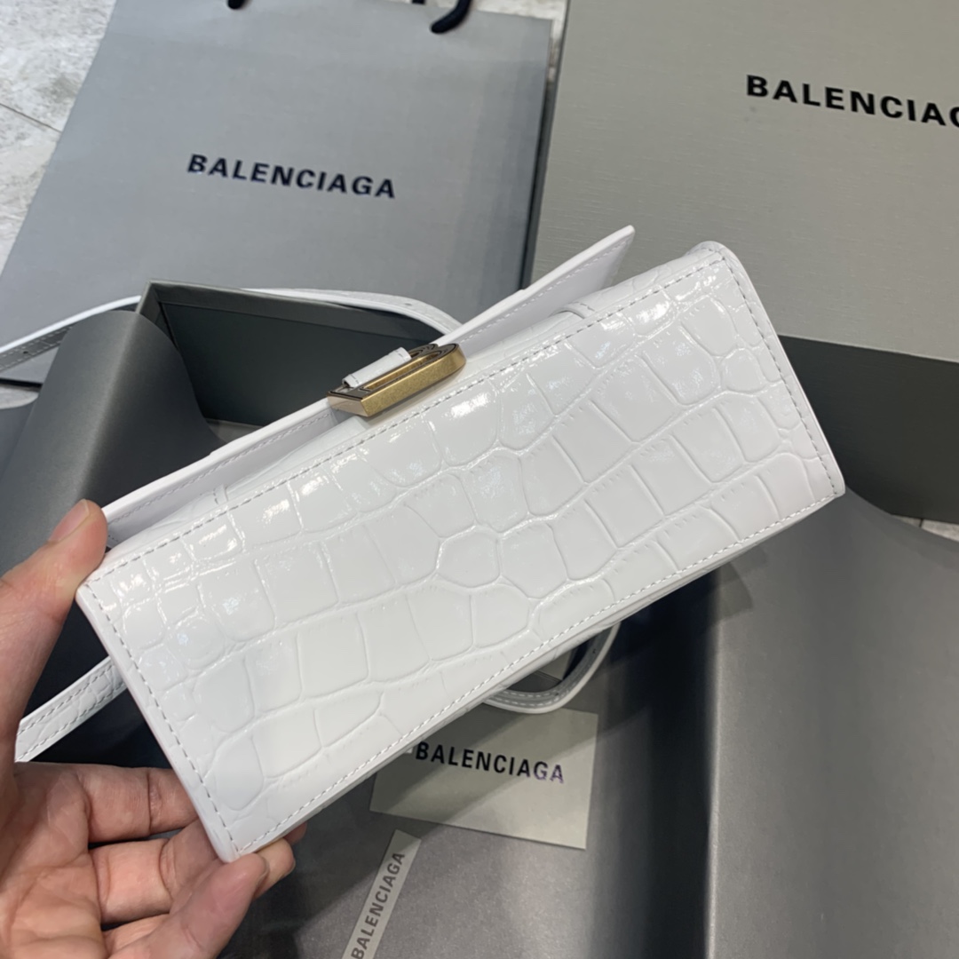 Balenciaga Hourglass 19cm Chain Bag in Shiny Crocodile Embossed Leather White With Gold LOGO