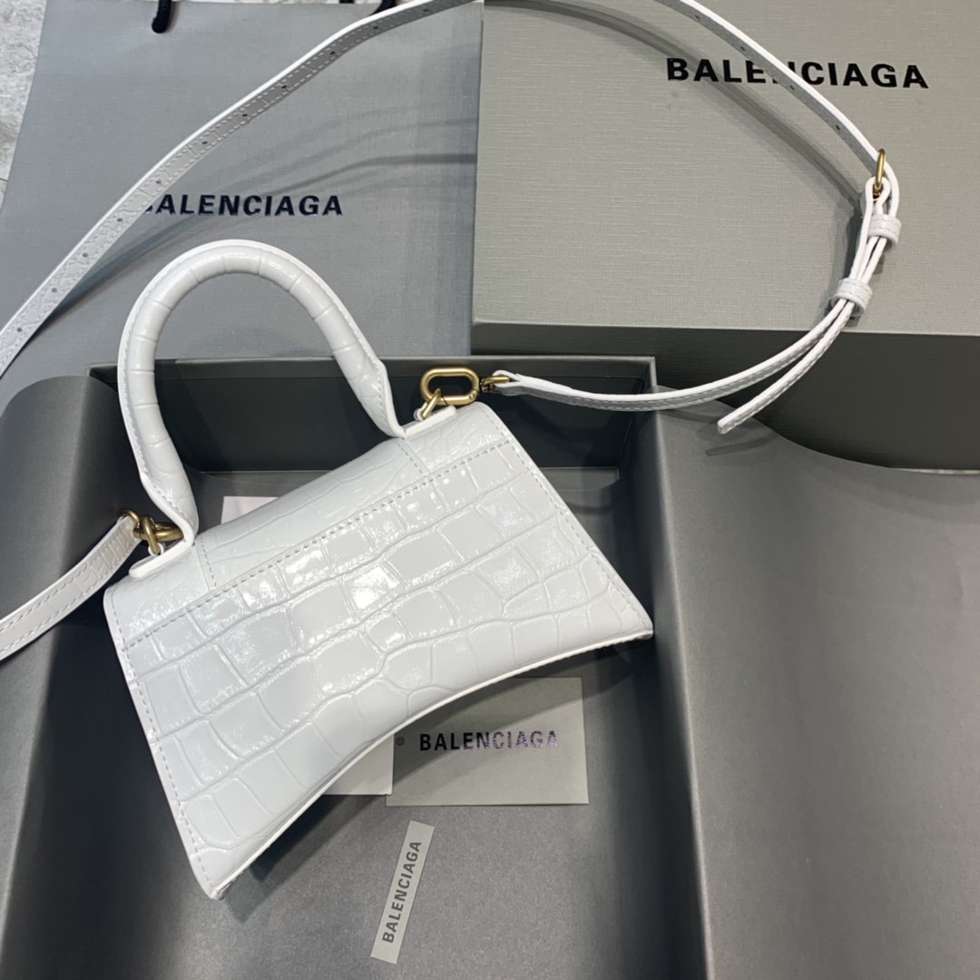 Balenciaga Hourglass 19cm Chain Bag in Shiny Crocodile Embossed Leather White With Gold LOGO