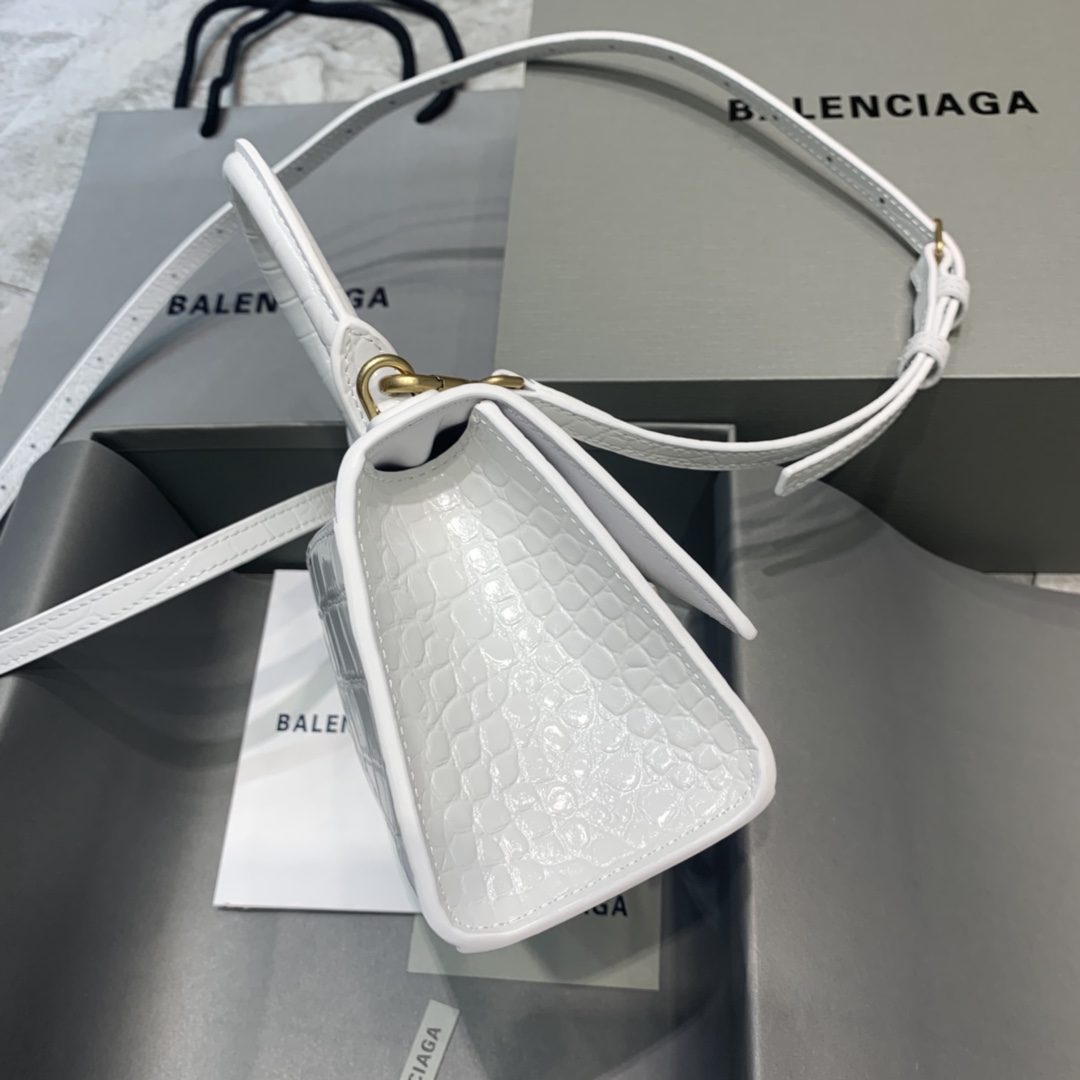 Balenciaga Hourglass 19cm Chain Bag in Shiny Crocodile Embossed Leather White With Gold LOGO