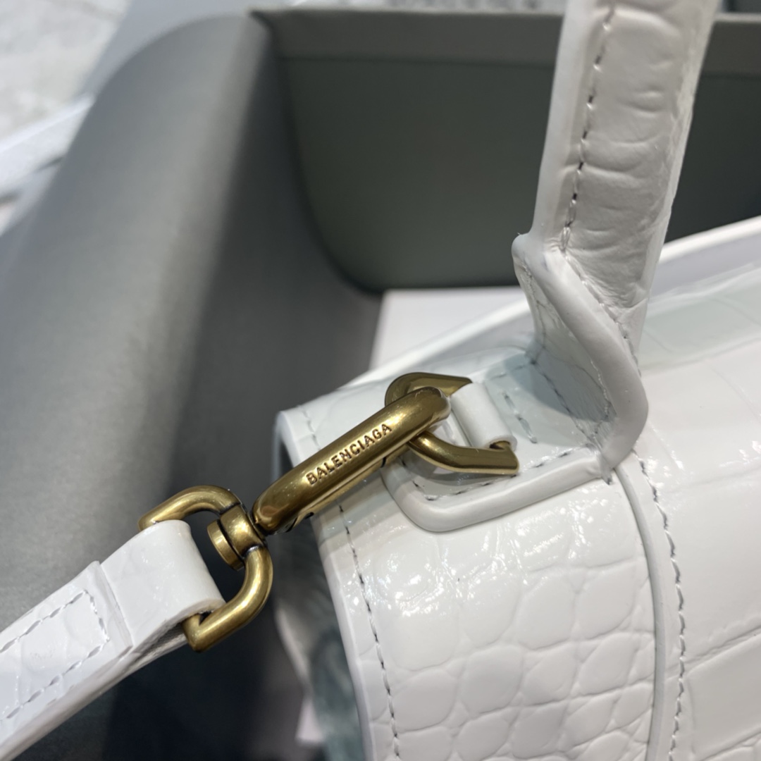 Balenciaga Hourglass 19cm Chain Bag in Shiny Crocodile Embossed Leather White With Gold LOGO