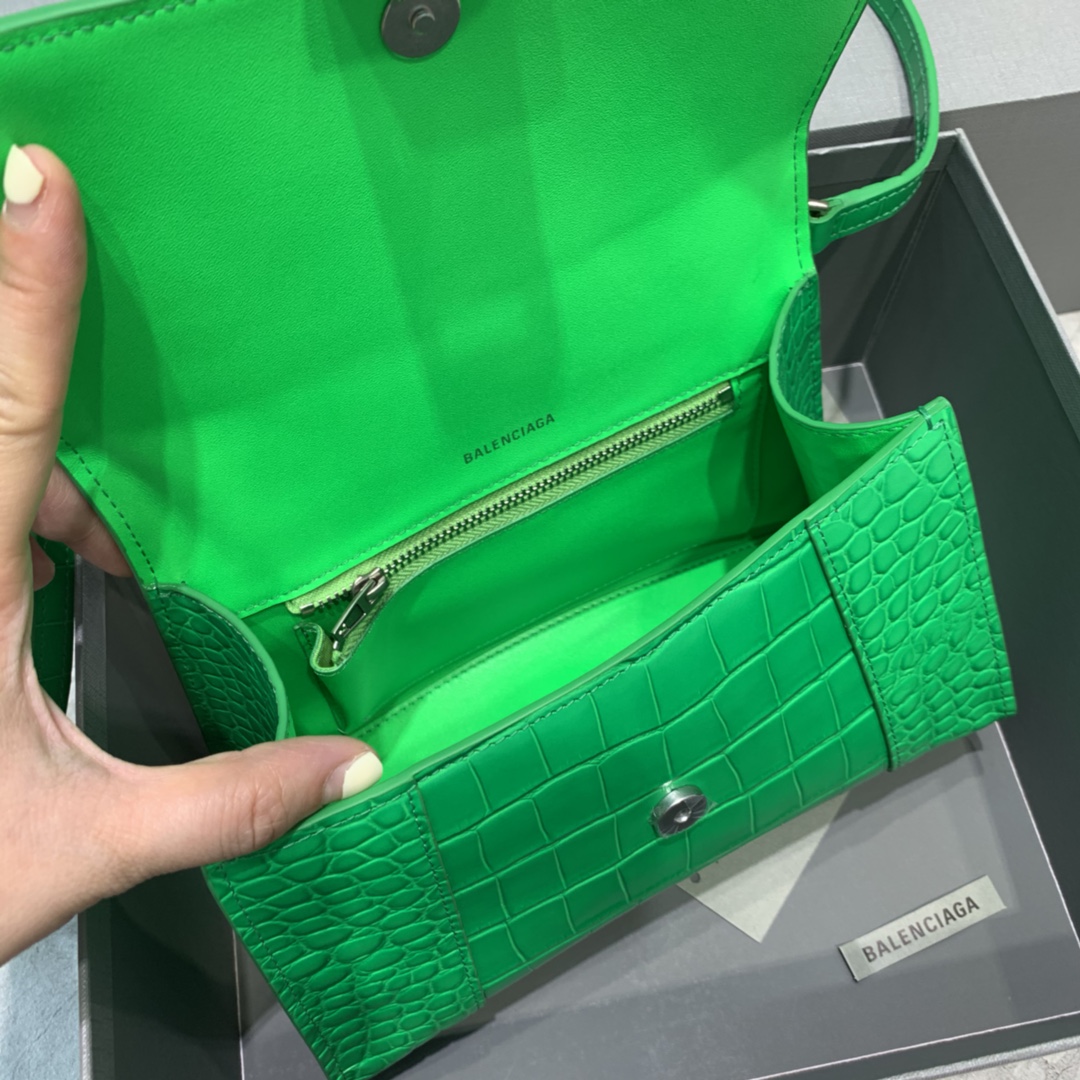 Balenciaga Hourglass 23cm Chain Bag in Back Shiny Crocodile Embossed Leather Green