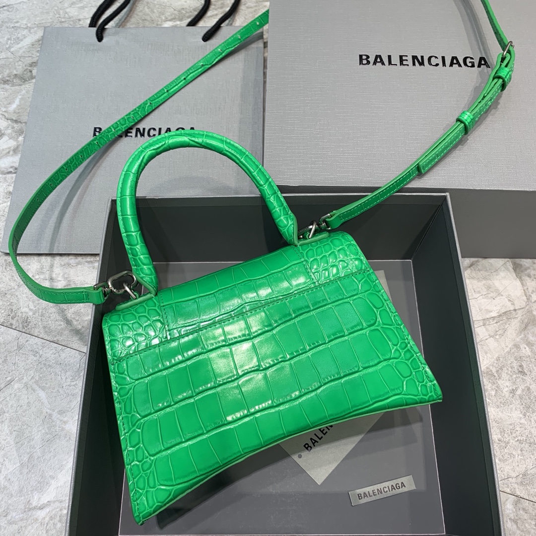 Balenciaga Hourglass 23cm Chain Bag in Back Shiny Crocodile Embossed Leather Green