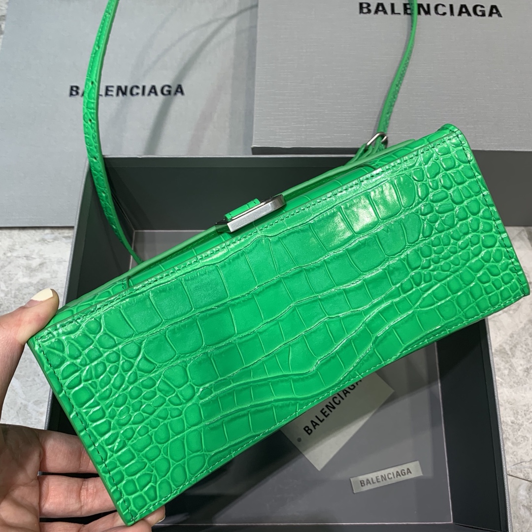 Balenciaga Hourglass 23cm Chain Bag in Back Shiny Crocodile Embossed Leather Green