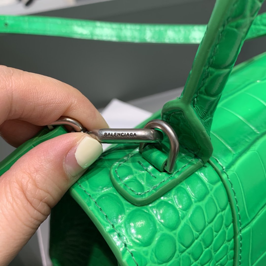 Balenciaga Hourglass 23cm Chain Bag in Back Shiny Crocodile Embossed Leather Green