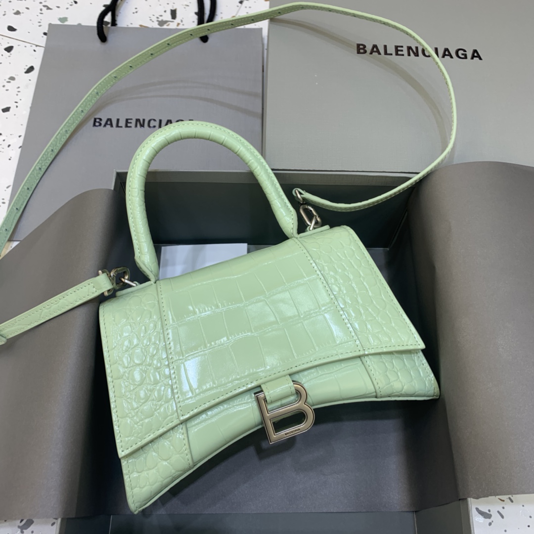 Balenciaga Hourglass 23cm Chain Bag in Back Shiny Crocodile Embossed Leather Light Green