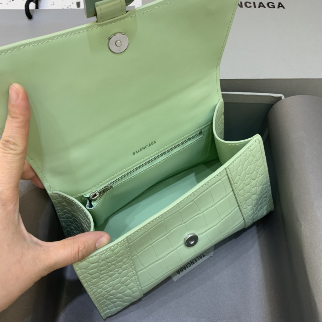 Balenciaga Hourglass 23cm Chain Bag in Back Shiny Crocodile Embossed Leather Light Green