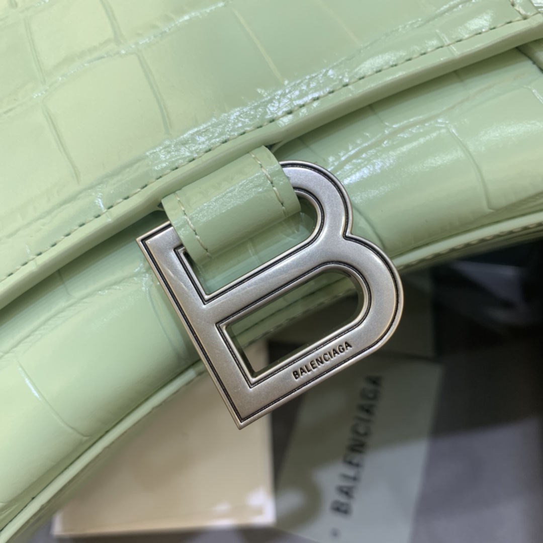 Balenciaga Hourglass 23cm Chain Bag in Back Shiny Crocodile Embossed Leather Light Green