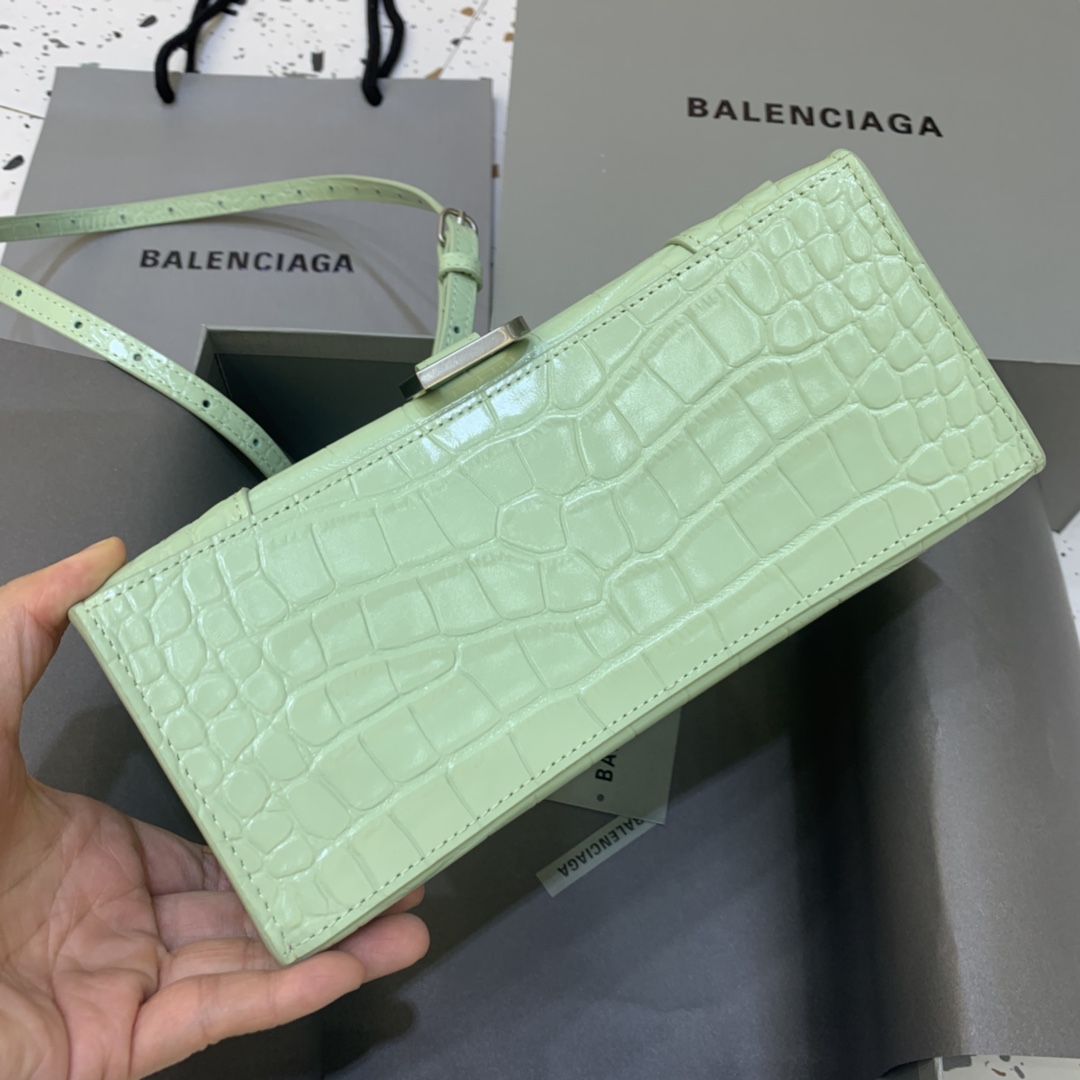 Balenciaga Hourglass 23cm Chain Bag in Back Shiny Crocodile Embossed Leather Light Green