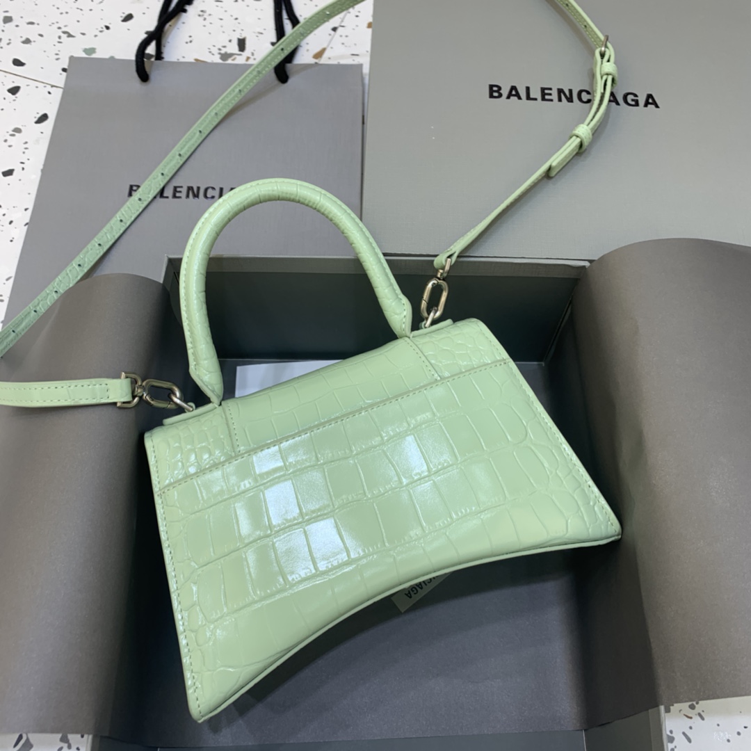 Balenciaga Hourglass 23cm Chain Bag in Back Shiny Crocodile Embossed Leather Light Green