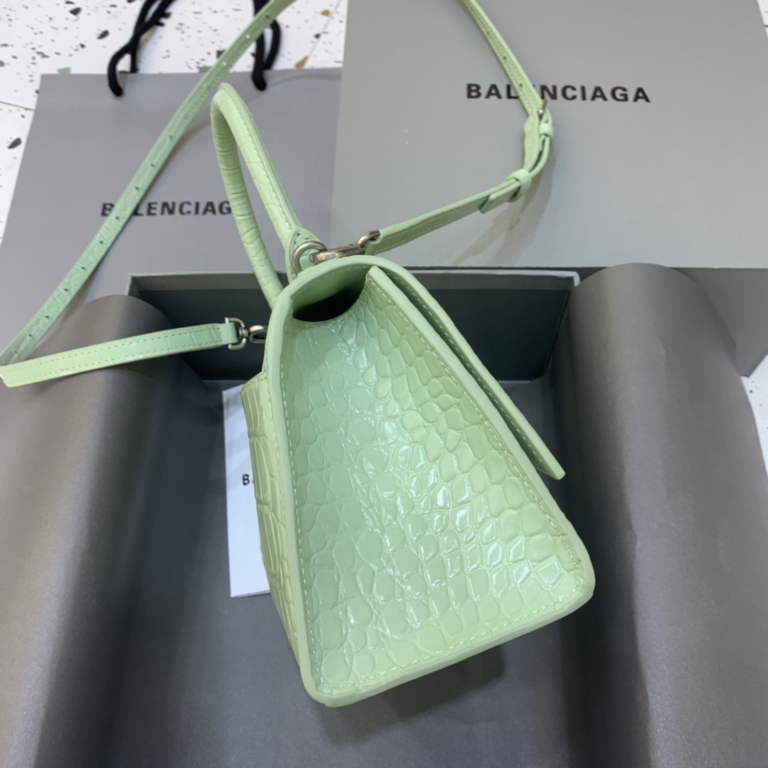 Balenciaga Hourglass 23cm Chain Bag in Back Shiny Crocodile Embossed Leather Light Green