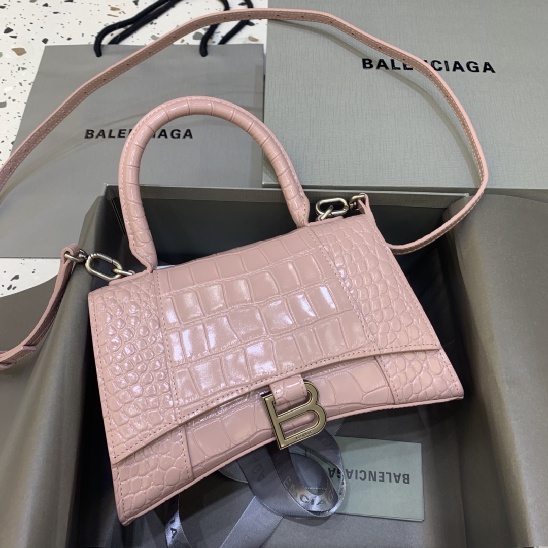 Balenciaga Hourglass 23cm Chain Bag in Back Shiny Crocodile Embossed Leather Pink