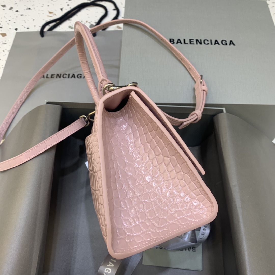 Balenciaga Hourglass 23cm Chain Bag in Back Shiny Crocodile Embossed Leather Pink