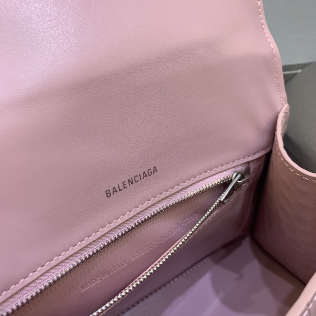 Balenciaga Hourglass 23cm Chain Bag in Back Shiny Crocodile Embossed Leather Pink