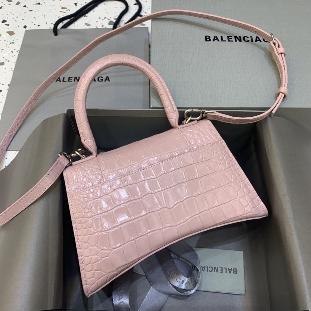 Balenciaga Hourglass 23cm Chain Bag in Back Shiny Crocodile Embossed Leather Pink