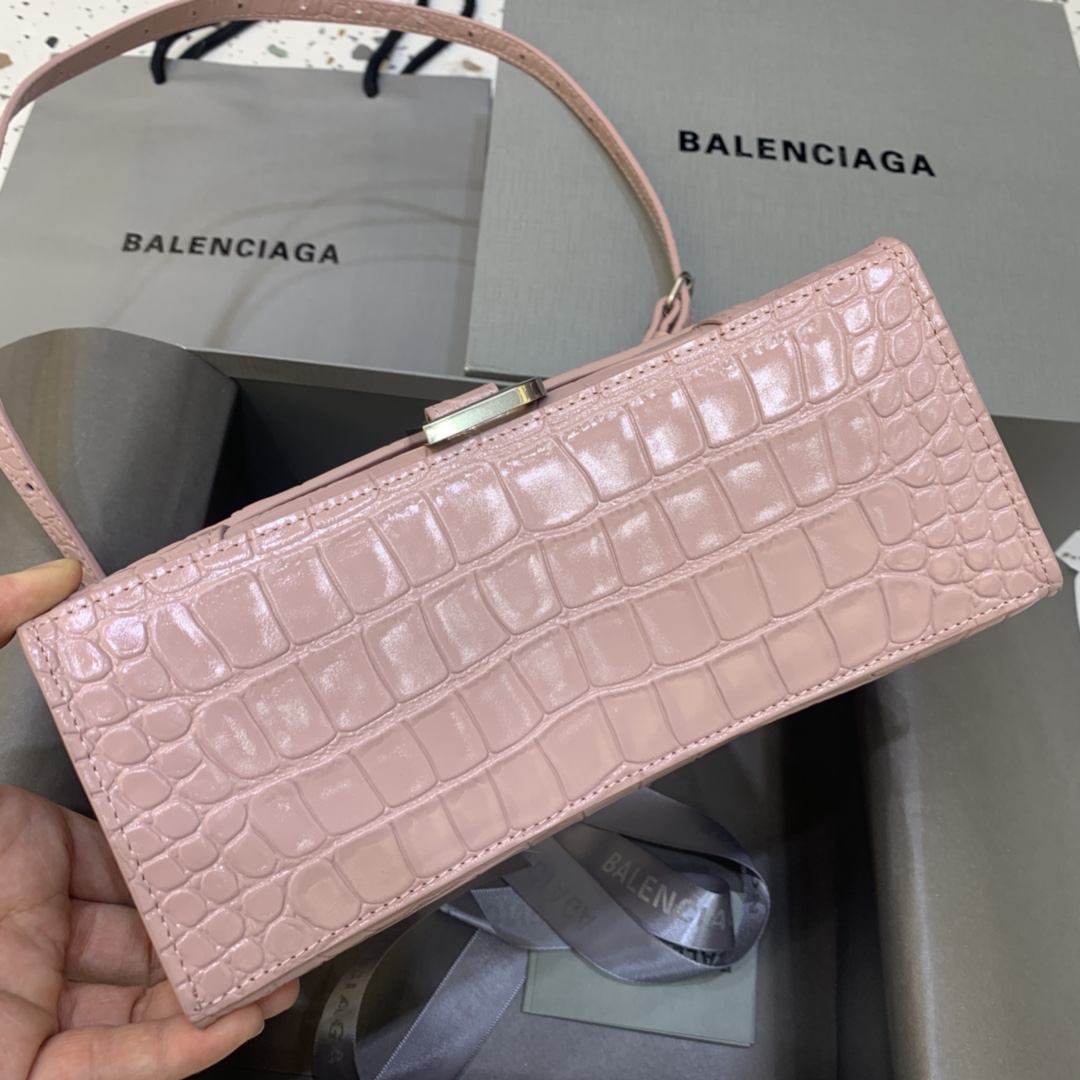 Balenciaga Hourglass 23cm Chain Bag in Back Shiny Crocodile Embossed Leather Pink