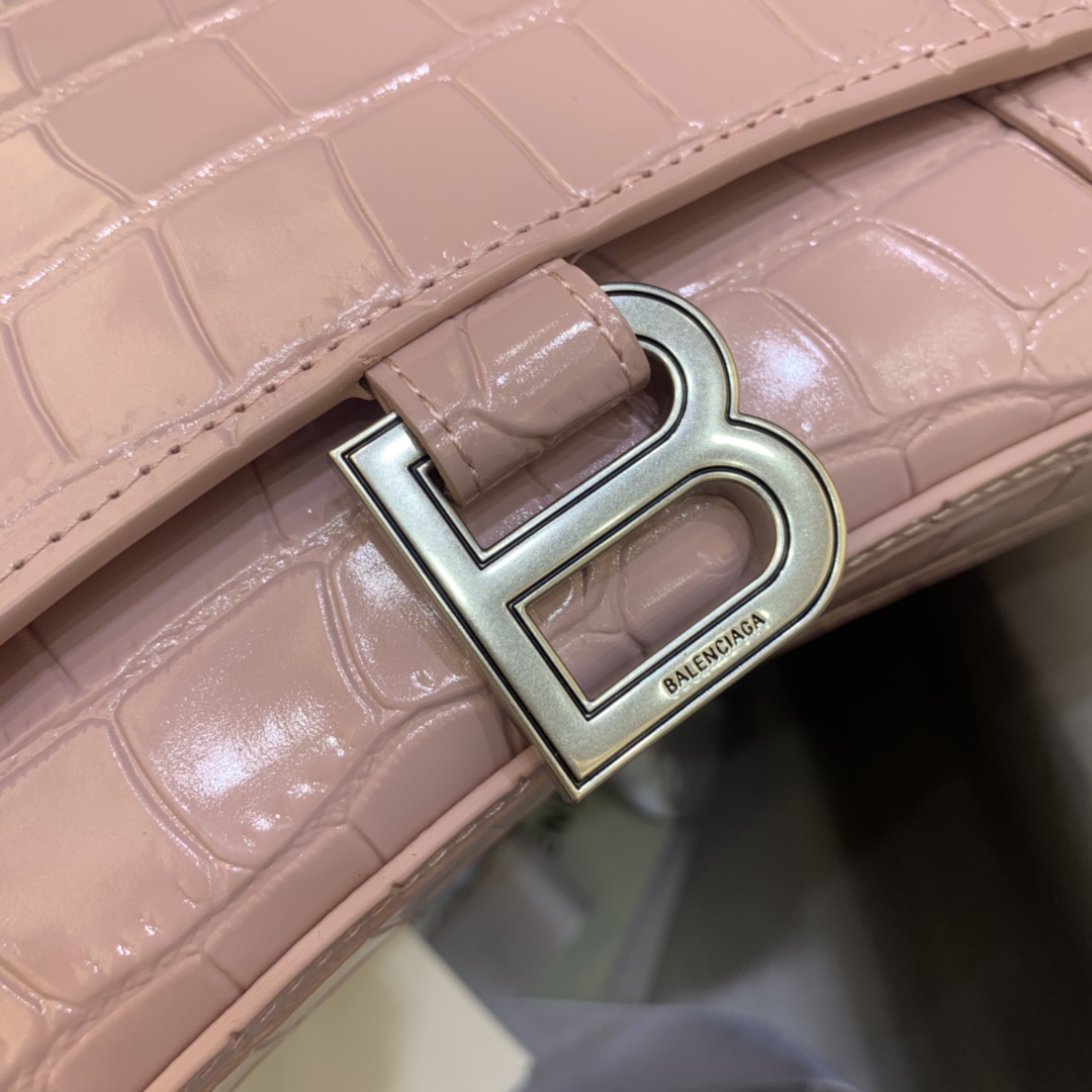 Balenciaga Hourglass 23cm Chain Bag in Back Shiny Crocodile Embossed Leather Pink