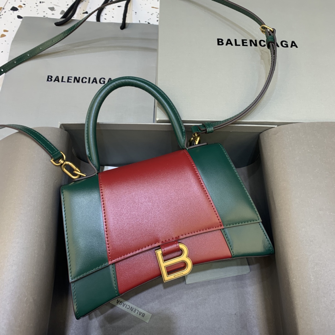 Balenciaga Hourglass 23cm Chain Bag in Shiny Box Calfskin Mint Green with Red