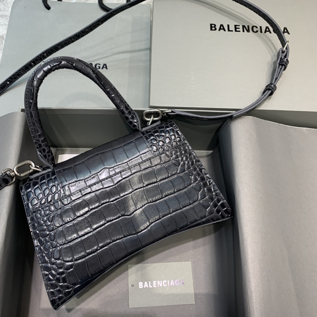 Balenciaga Hourglass 23cm Chain Bag in Shiny Crocodile Embossed Leather Black With Black LOGO