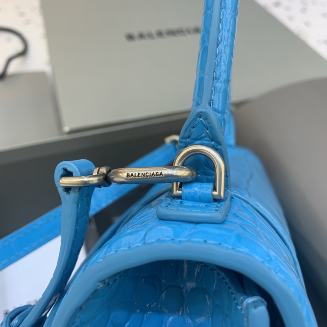 Balenciaga Hourglass 23cm Chain Bag in Shiny Crocodile Embossed Leather Blue