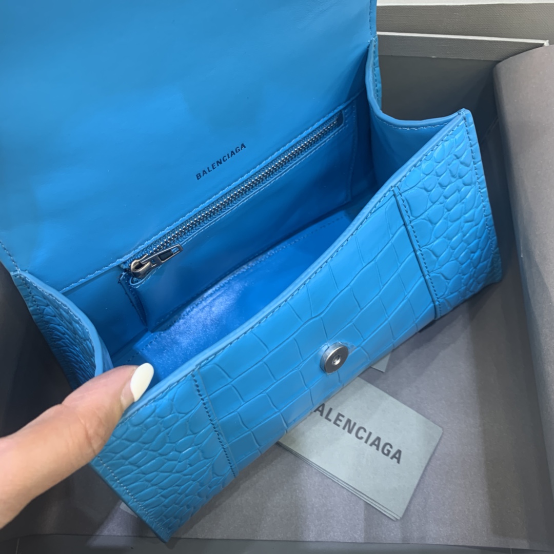 Balenciaga Hourglass 23cm Chain Bag in Shiny Crocodile Embossed Leather Blue