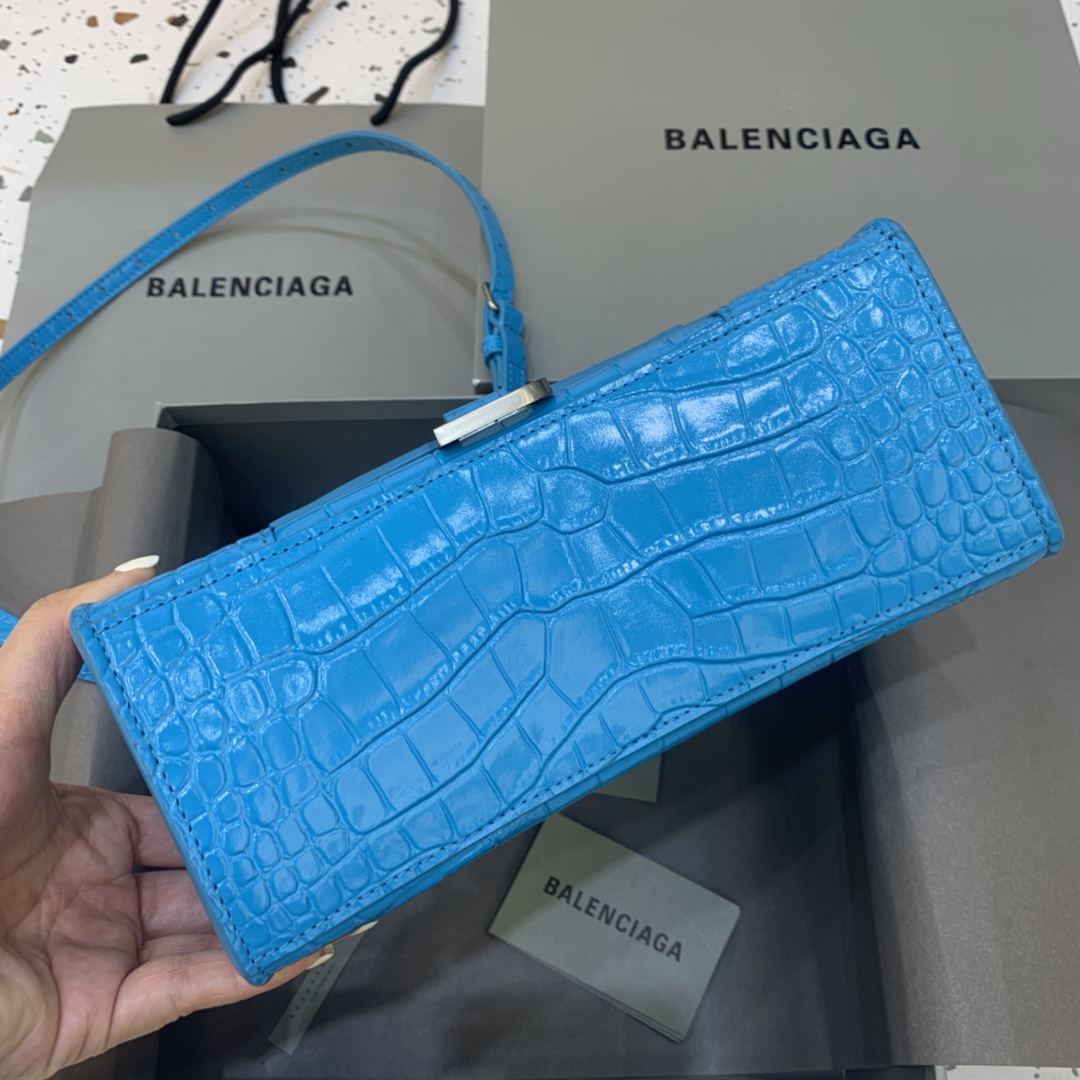 Balenciaga Hourglass 23cm Chain Bag in Shiny Crocodile Embossed Leather Blue