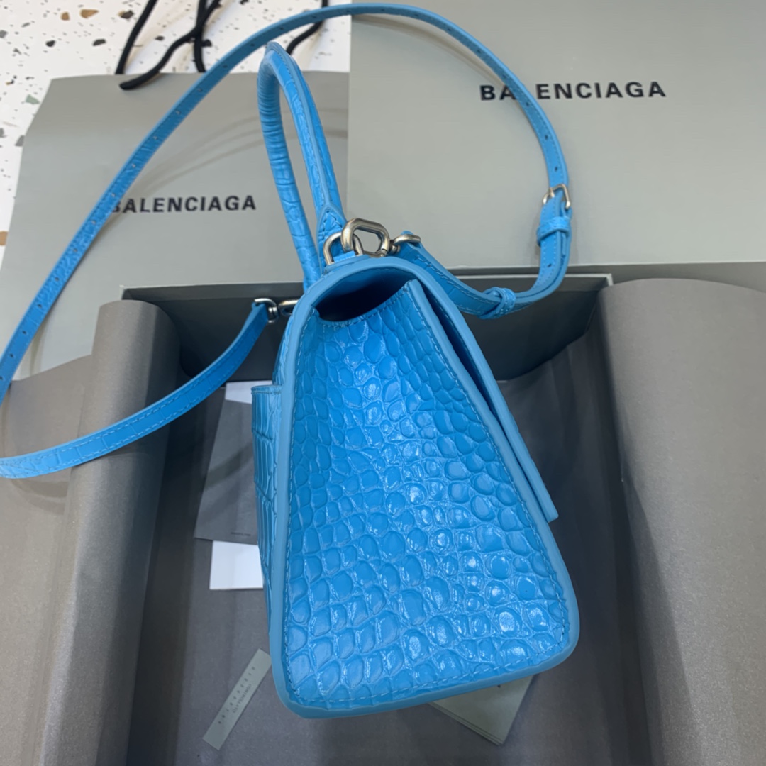 Balenciaga Hourglass 23cm Chain Bag in Shiny Crocodile Embossed Leather Blue