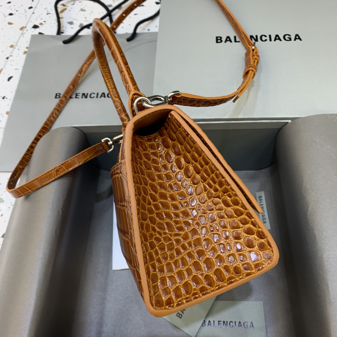 Balenciaga Hourglass 23cm Chain Bag in Shiny Crocodile Embossed Leather Brown