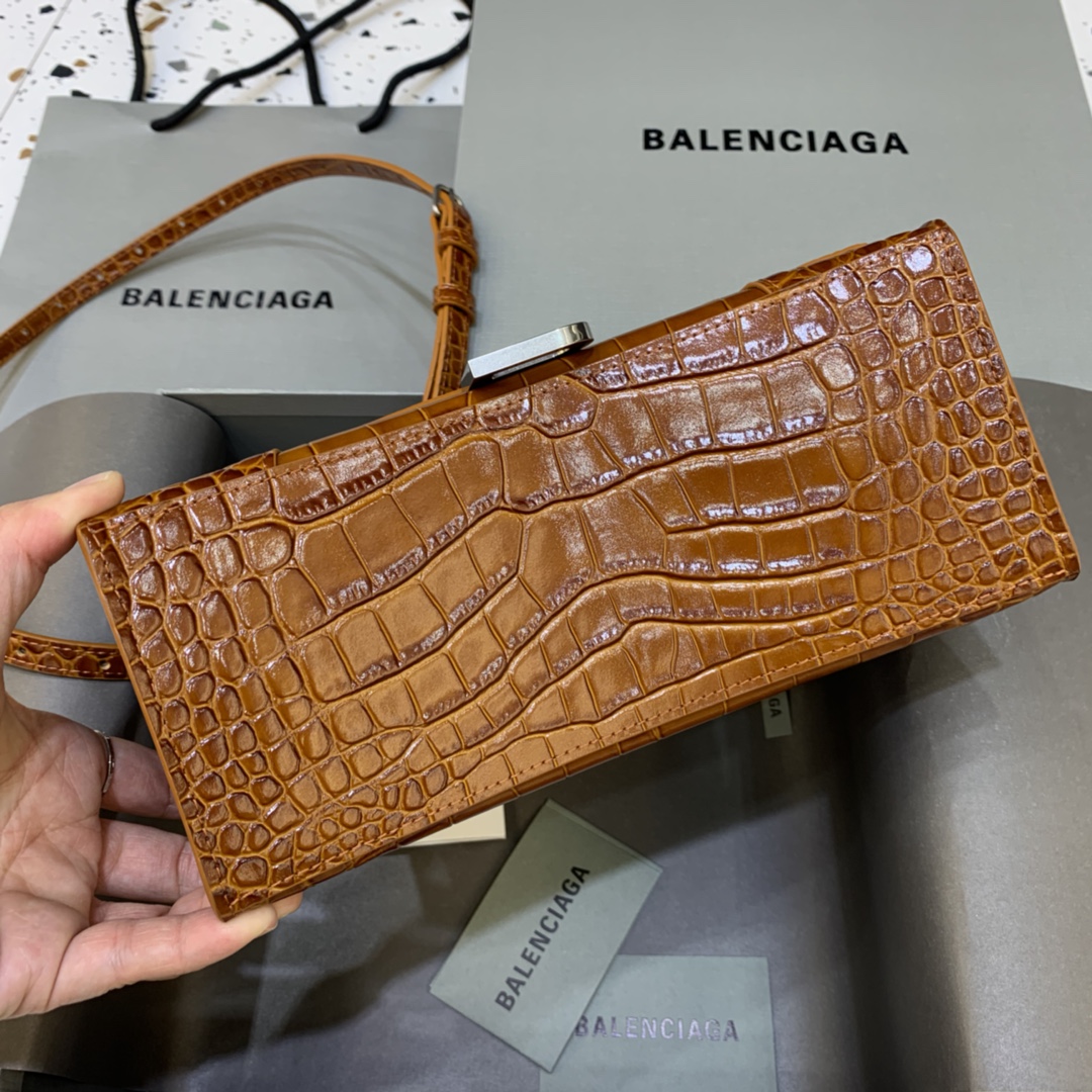 Balenciaga Hourglass 23cm Chain Bag in Shiny Crocodile Embossed Leather Brown