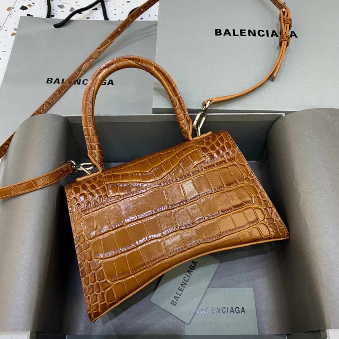 Balenciaga Hourglass 23cm Chain Bag in Shiny Crocodile Embossed Leather Brown