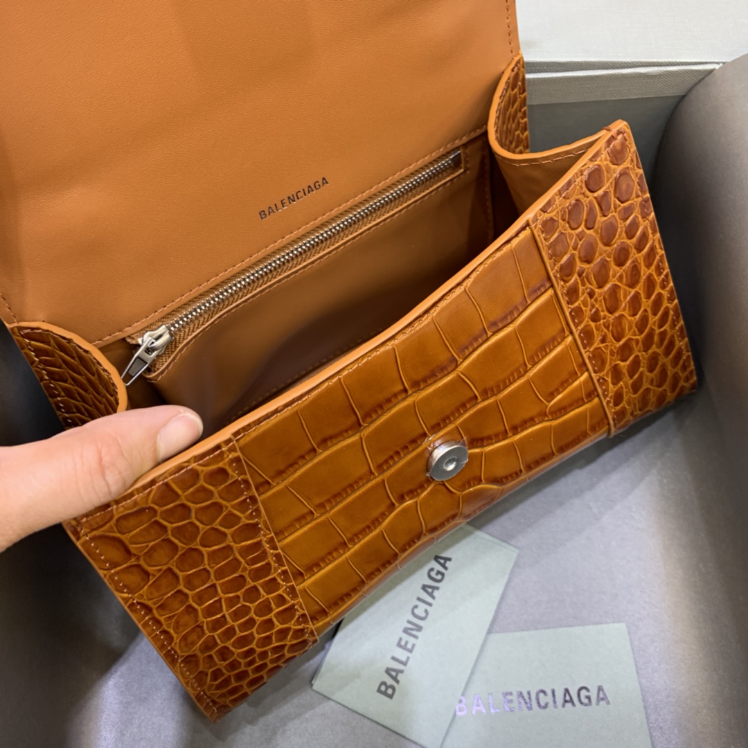 Balenciaga Hourglass 23cm Chain Bag in Shiny Crocodile Embossed Leather Brown