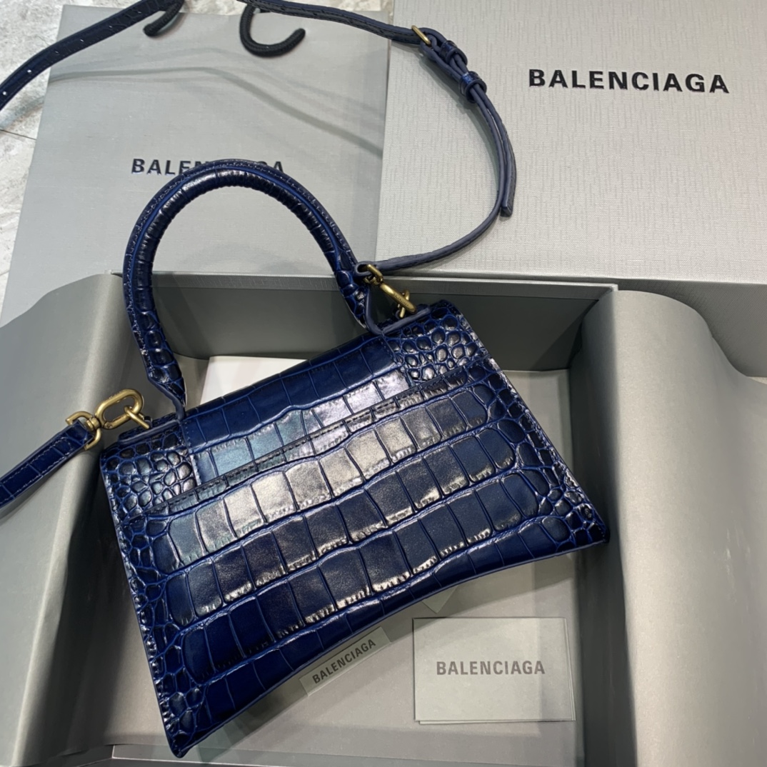 Balenciaga Hourglass 23cm Chain Bag in Shiny Crocodile Embossed Leather Dark Blue