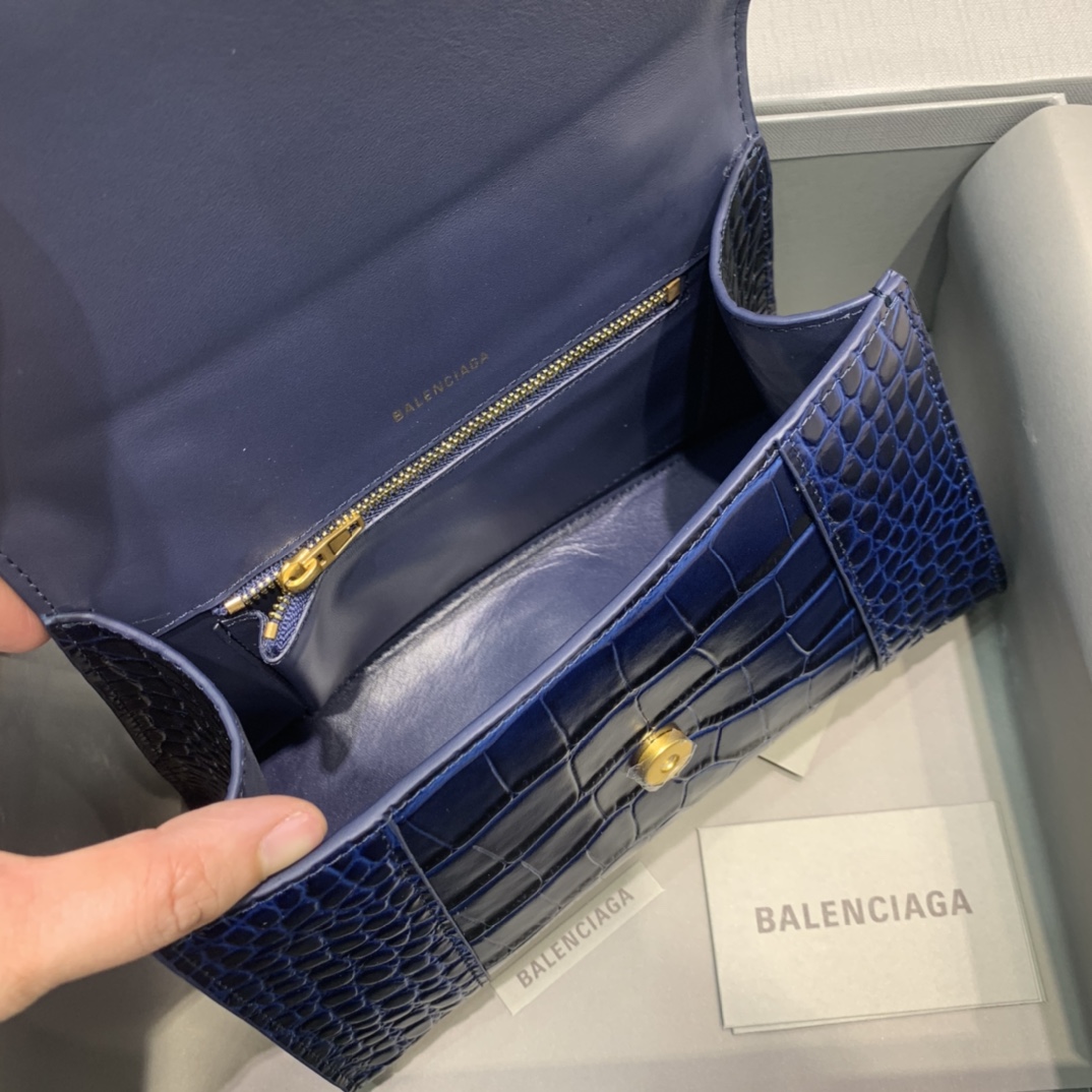 Balenciaga Hourglass 23cm Chain Bag in Shiny Crocodile Embossed Leather Dark Blue
