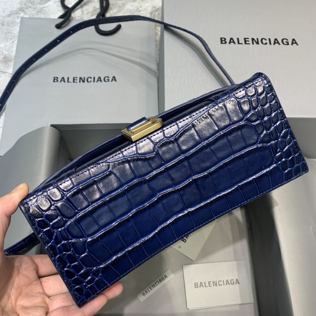 Balenciaga Hourglass 23cm Chain Bag in Shiny Crocodile Embossed Leather Dark Blue