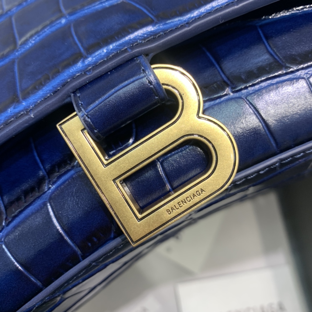 Balenciaga Hourglass 23cm Chain Bag in Shiny Crocodile Embossed Leather Dark Blue