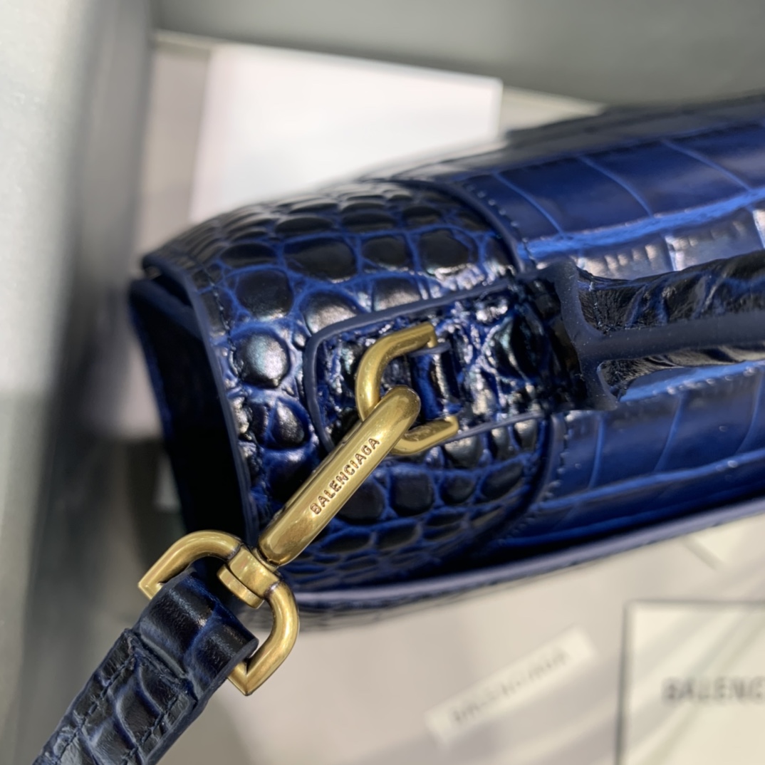 Balenciaga Hourglass 23cm Chain Bag in Shiny Crocodile Embossed Leather Dark Blue
