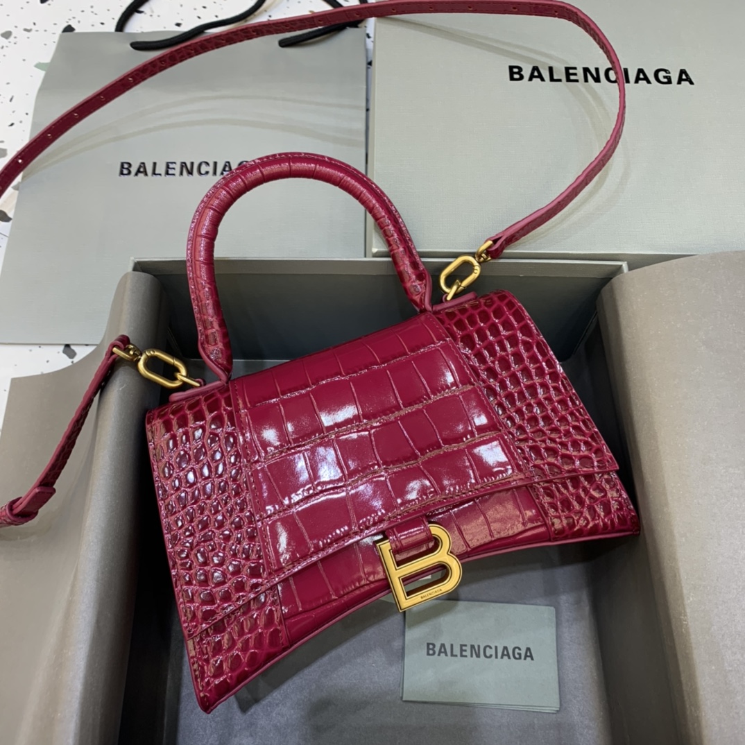 Balenciaga Hourglass 23cm Chain Bag in Shiny Crocodile Embossed Leather Drak Red