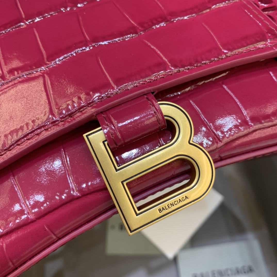 Balenciaga Hourglass 23cm Chain Bag in Shiny Crocodile Embossed Leather Drak Red