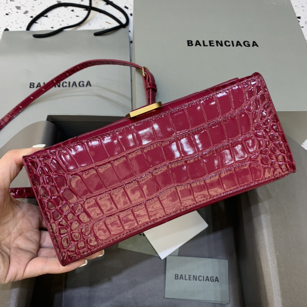 Balenciaga Hourglass 23cm Chain Bag in Shiny Crocodile Embossed Leather Drak Red