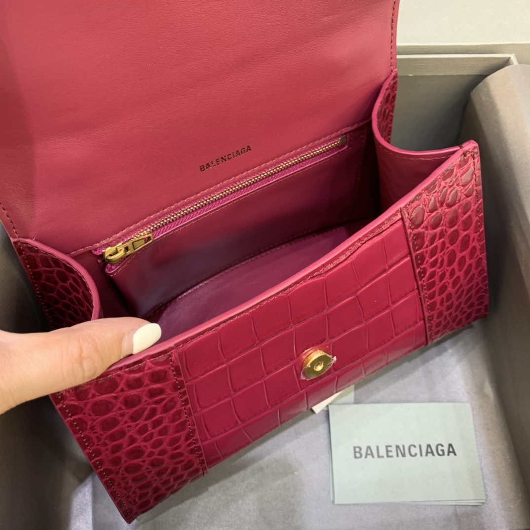 Balenciaga Hourglass 23cm Chain Bag in Shiny Crocodile Embossed Leather Drak Red