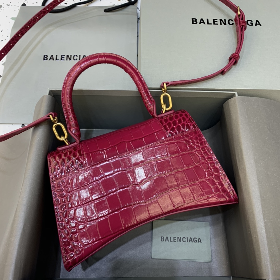 Balenciaga Hourglass 23cm Chain Bag in Shiny Crocodile Embossed Leather Drak Red