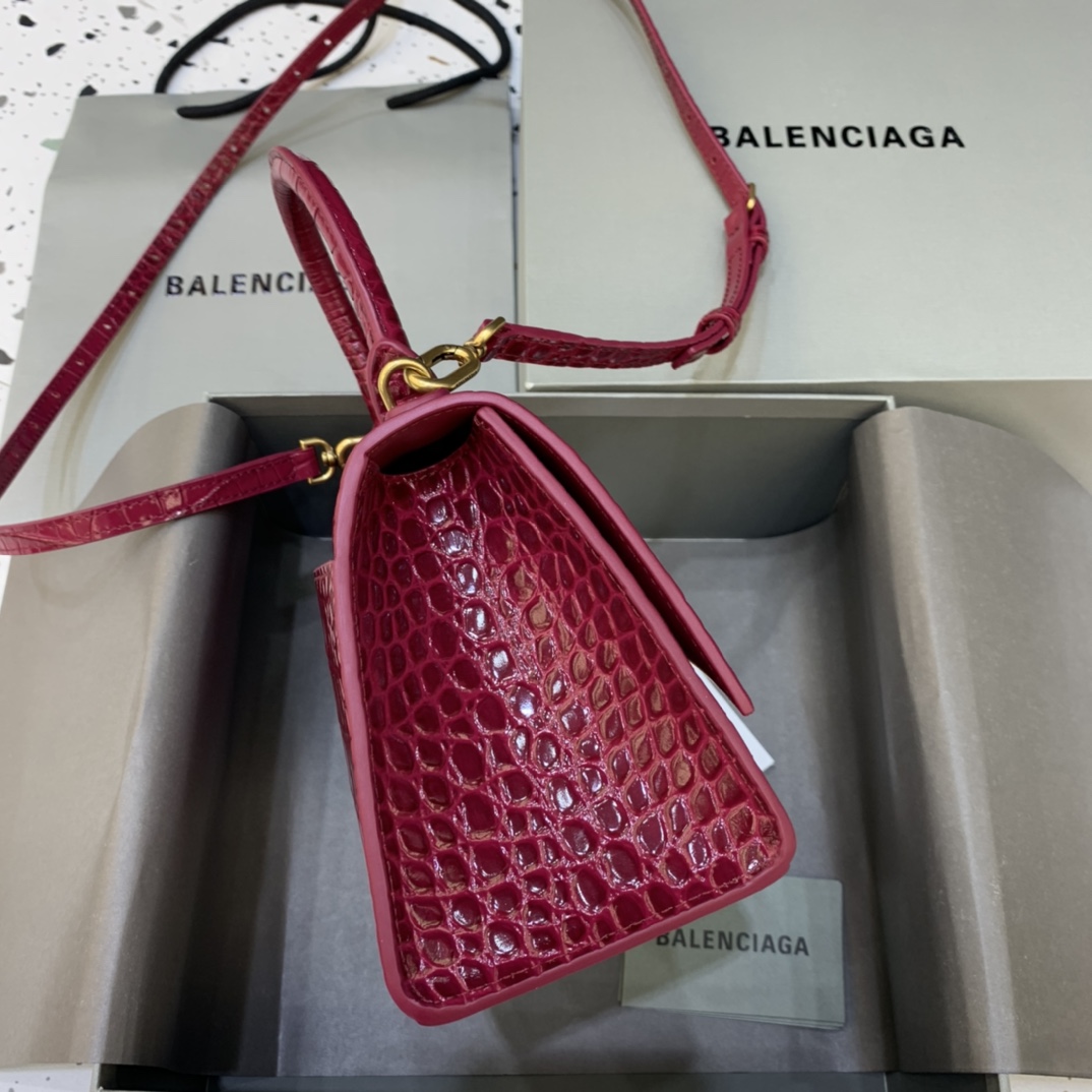 Balenciaga Hourglass 23cm Chain Bag in Shiny Crocodile Embossed Leather Drak Red