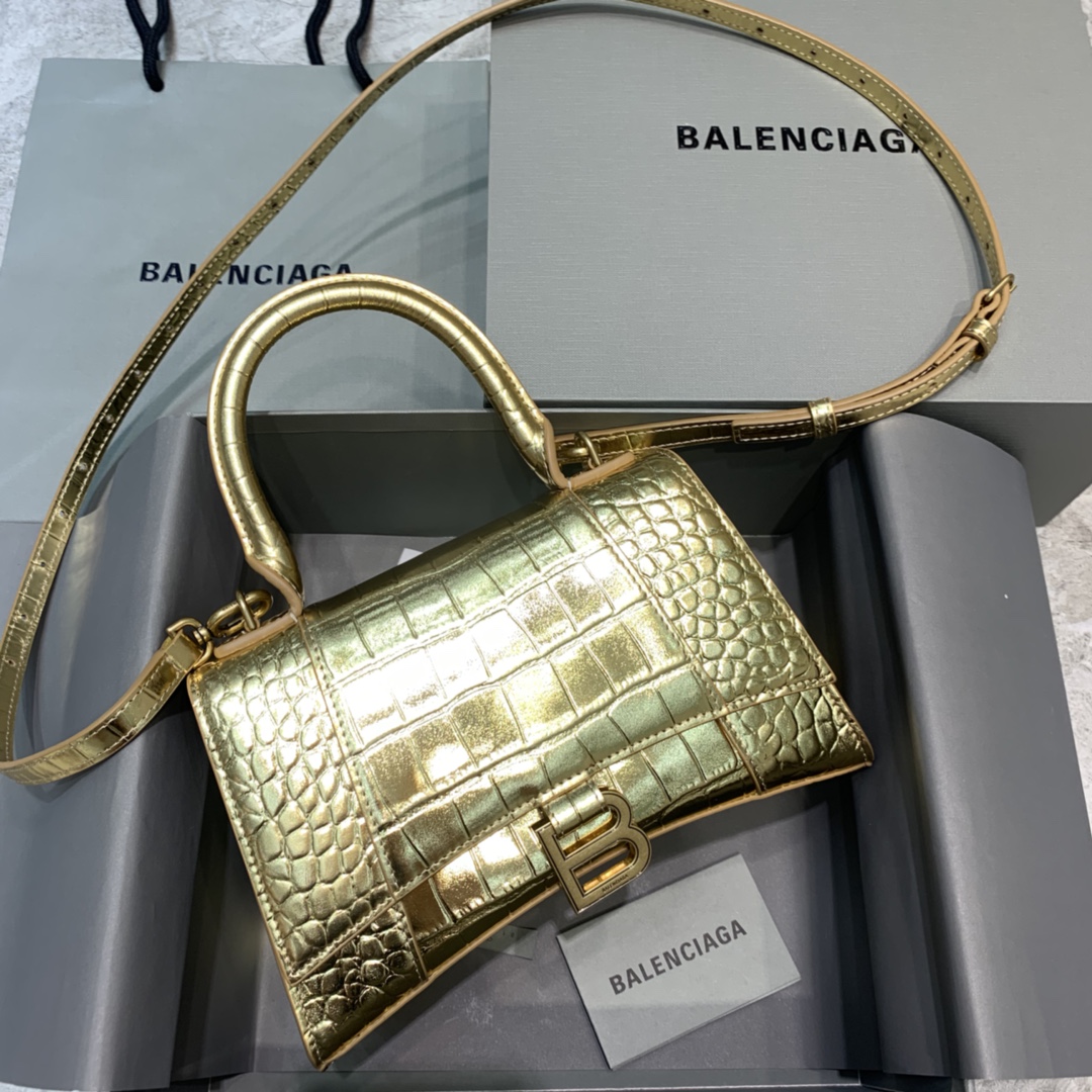 Balenciaga Hourglass 23cm Chain Bag in Shiny Crocodile Embossed Leather Gold