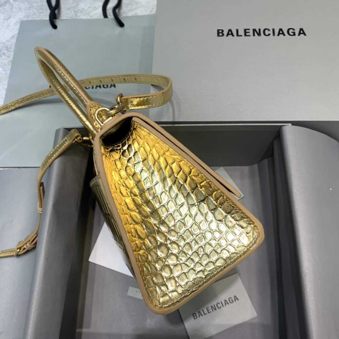 Balenciaga Hourglass 23cm Chain Bag in Shiny Crocodile Embossed Leather Gold