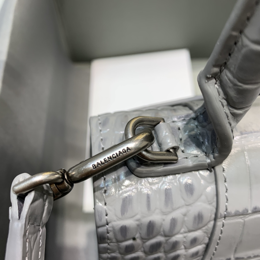 Balenciaga Hourglass 23cm Chain Bag in Shiny Crocodile Embossed Leather Light Gray