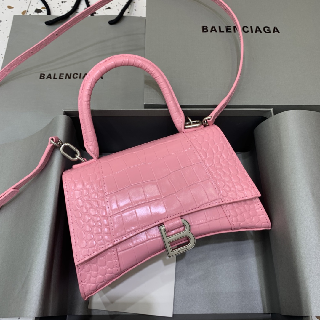 Balenciaga Hourglass 23cm Chain Bag in Shiny Crocodile Embossed Leather Light Pink