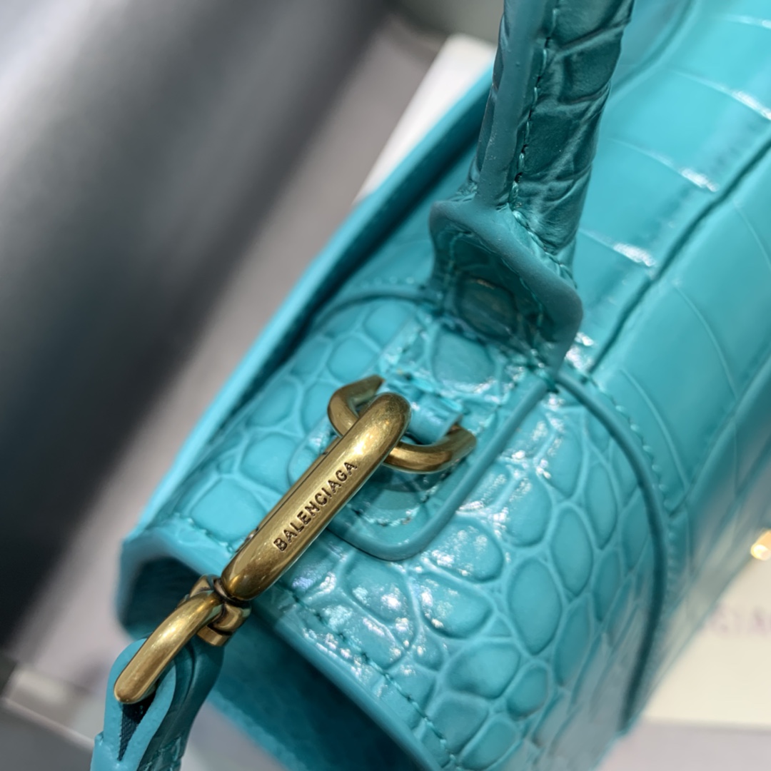 Balenciaga Hourglass 23cm Chain Bag in Shiny Crocodile Embossed Leather Maca Blue