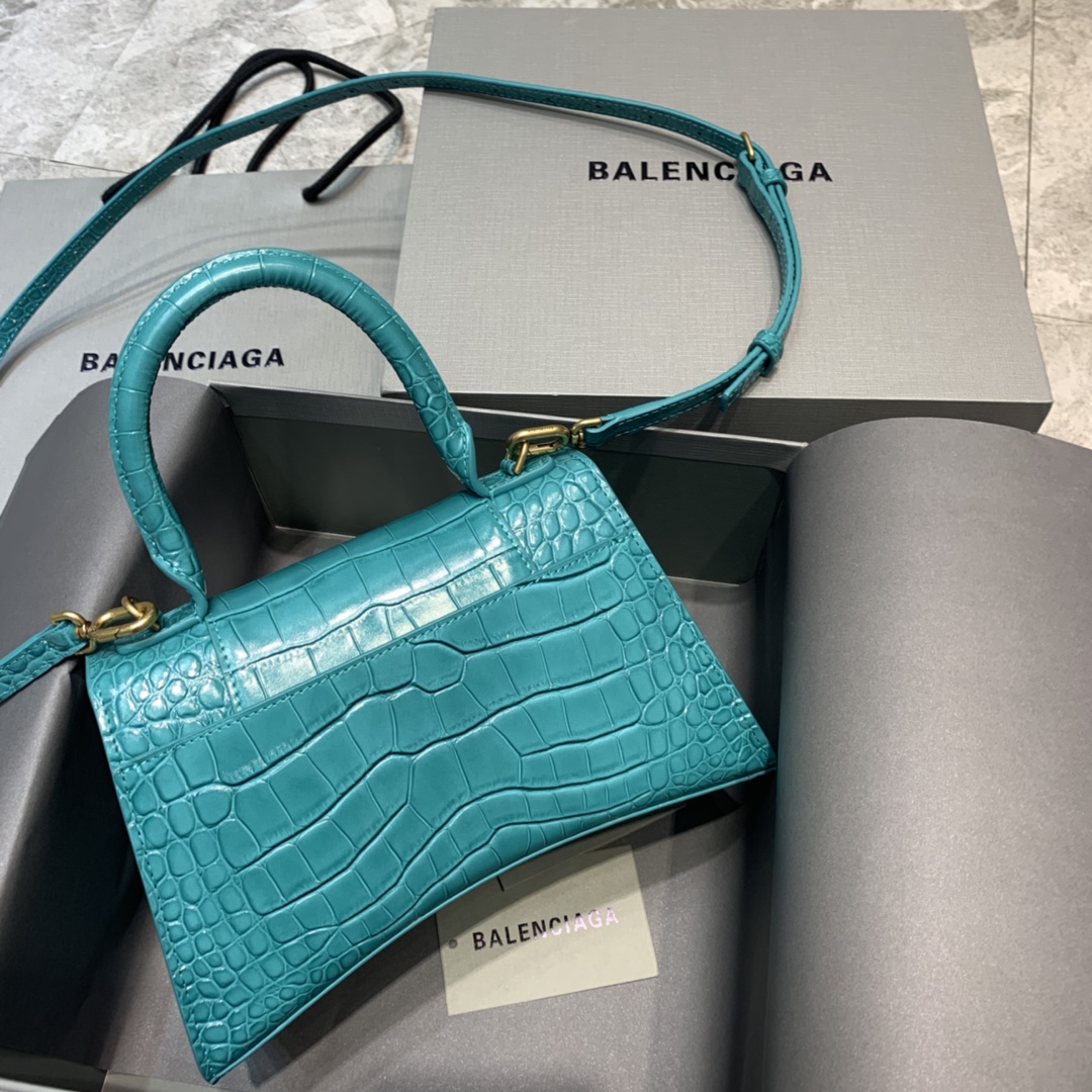 Balenciaga Hourglass 23cm Chain Bag in Shiny Crocodile Embossed Leather Maca Blue